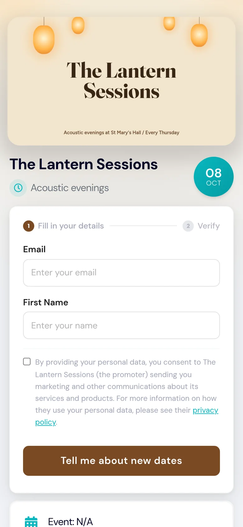 The Lantern Sessions event page in light mode with a brown button.