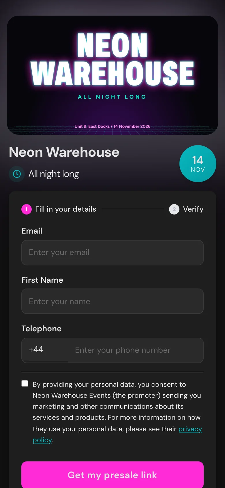 Neon Warehouse event page in presale mode, dark with a pink button.
